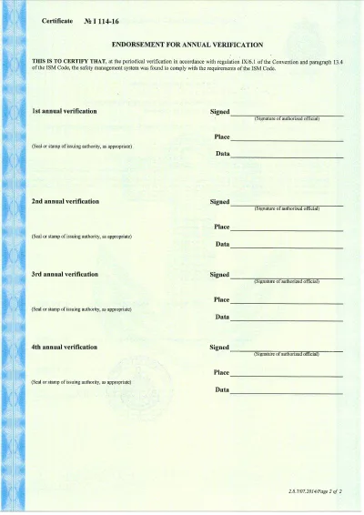 Document of Compliance issued to Kiev Shipping Ltd, page with annual verification endorsements