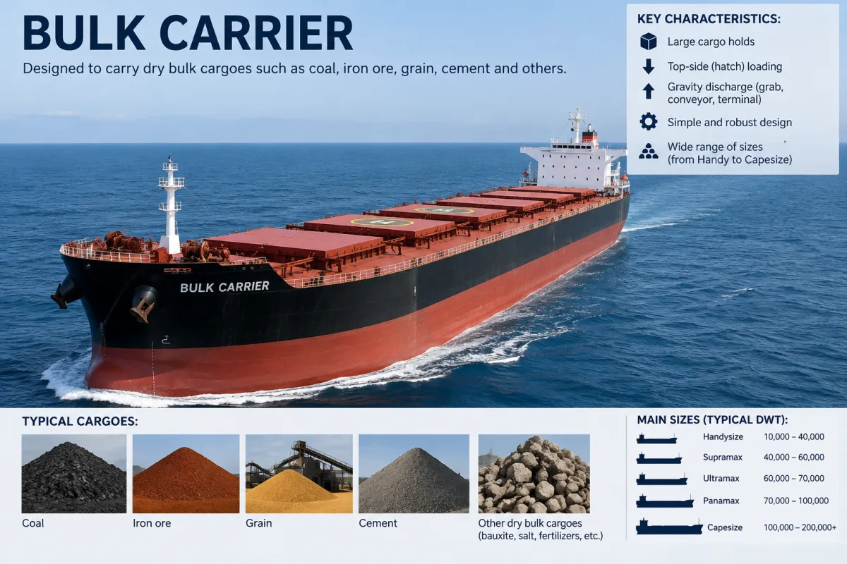 Bulk carrier: large single-deck holds, loading through deck hatches, handling by shore grabs, vessel cranes or terminal equipment; carries coal, iron ore, grain, cement; from coaster to Capesize