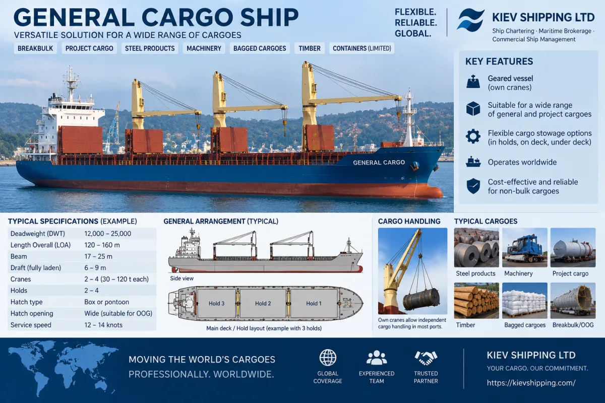 General cargo vessel: geared, 2–4 cranes of 30–120 t, 12,000–25,000 dwt, 2–4 holds; carries steel products, timber, bagged cargoes, crates, pallets and conventional machinery