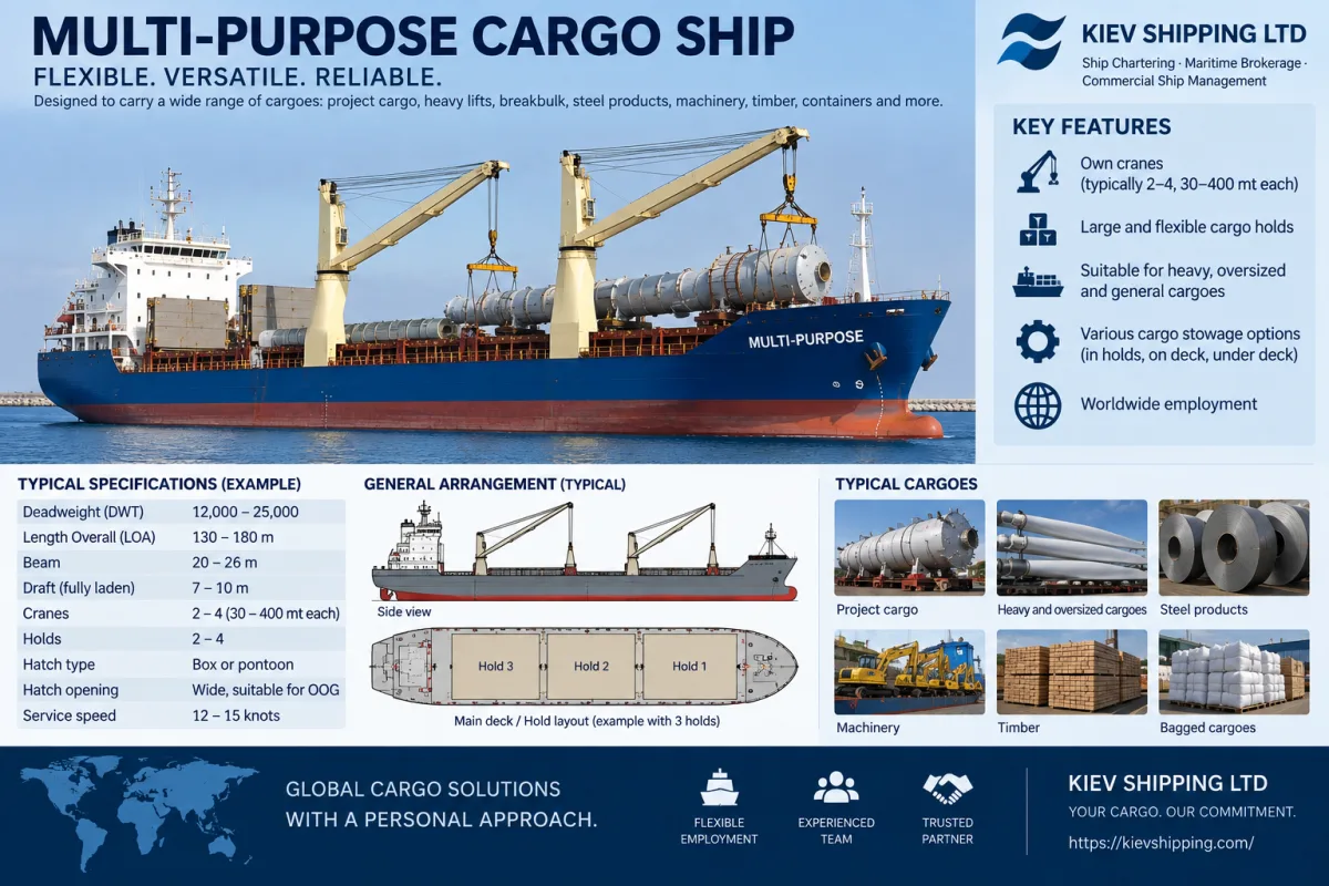 Multi-purpose vessel: deck cranes combinable on many designs, 12,000–25,000 dwt, wide hatches for out-of-gauge cargo; carries project cargo, heavy units, mixed breakbulk, steel, machinery and timber