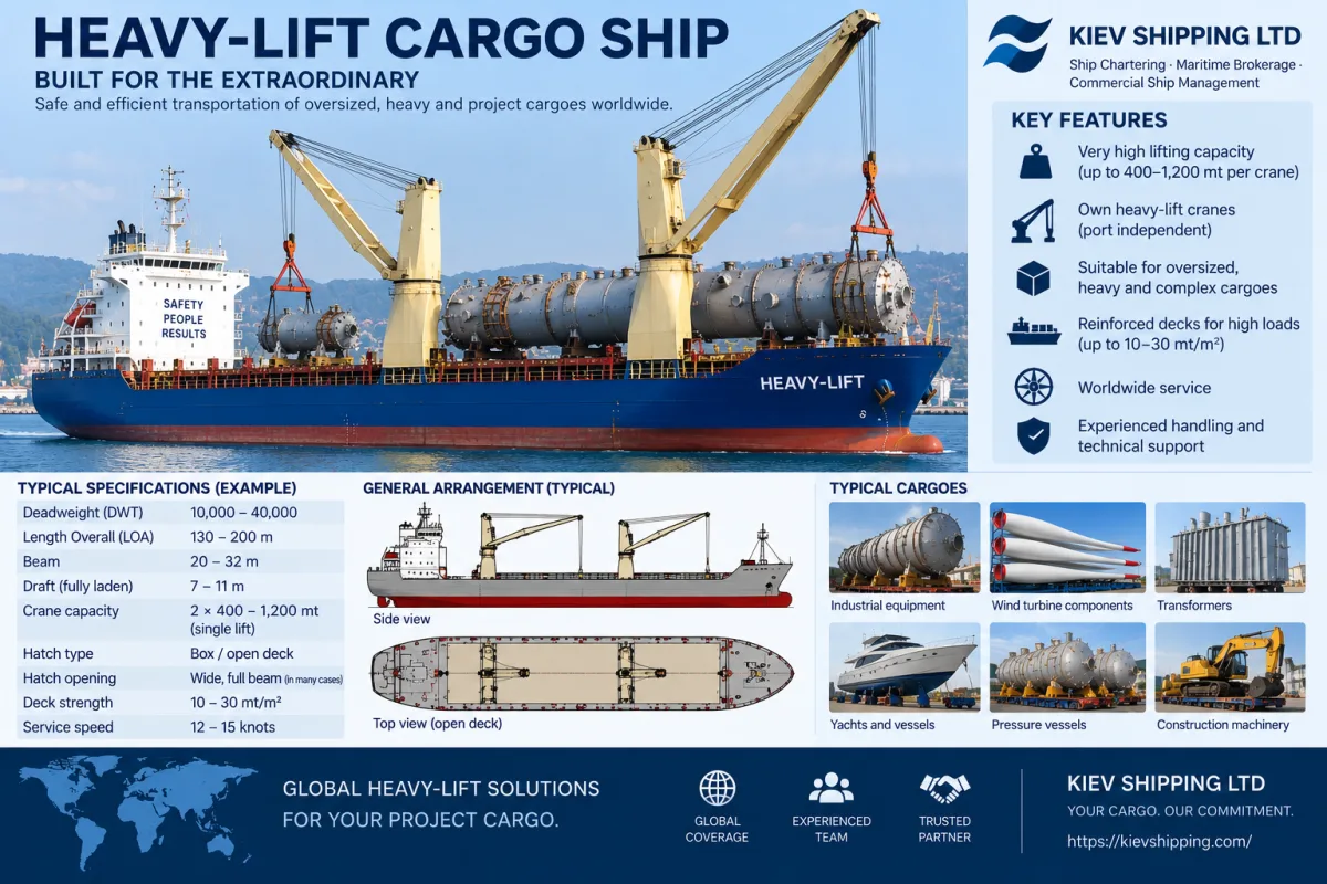 Heavy-lift vessel: own heavy-lift cranes of about 400–1,200 mt combined depending on design, reinforced tank tops and weather decks, 10,000–40,000 dwt; carries industrial equipment and transformers