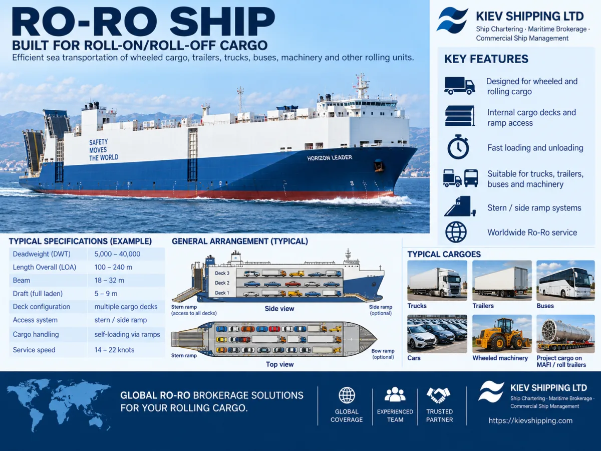 Ro-Ro vessel: multiple cargo decks with stern and side ramps, 5,000–40,000 dwt, 14–22 knots; carries trucks, trailers, buses, cars, wheeled machinery and project cargo on MAFI trailers