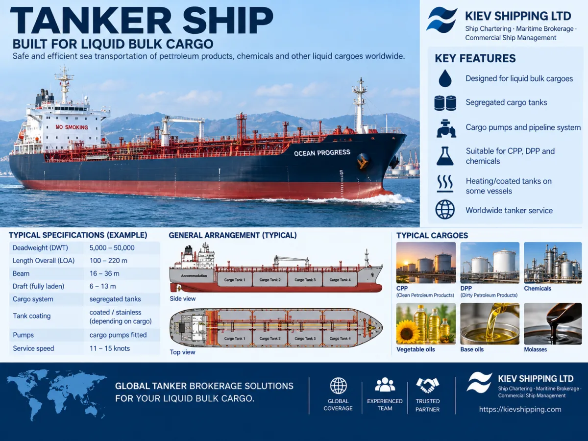 Tanker: segregated cargo tanks with pumps and pipelines, epoxy-coated, zinc-coated or stainless steel; carries clean and dirty petroleum products, liquid chemicals, vegetable oils, base oils and molasses