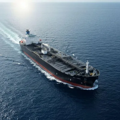 Tanker under way, loaded with liquid bulk cargo